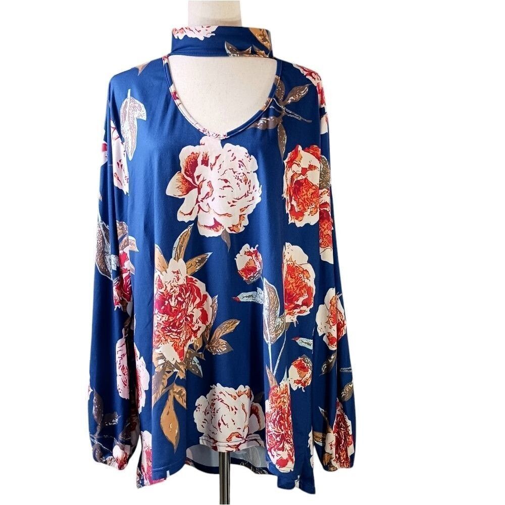 Vintage Dress Blouse Choker Stretch Tunic Long Sleeve Cabbage Rose Print Size 3X